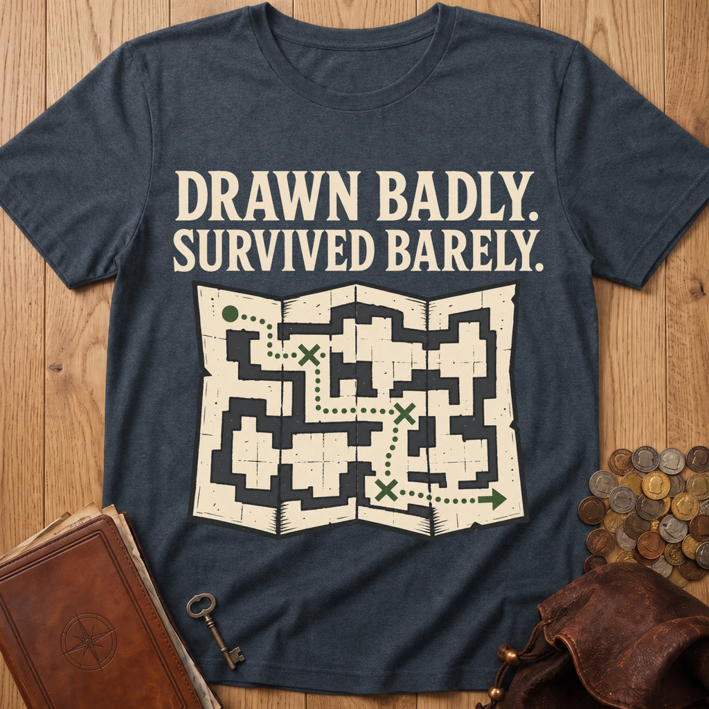 Drawn Badly, Survived Barely T‑Shirt in Dark Heather