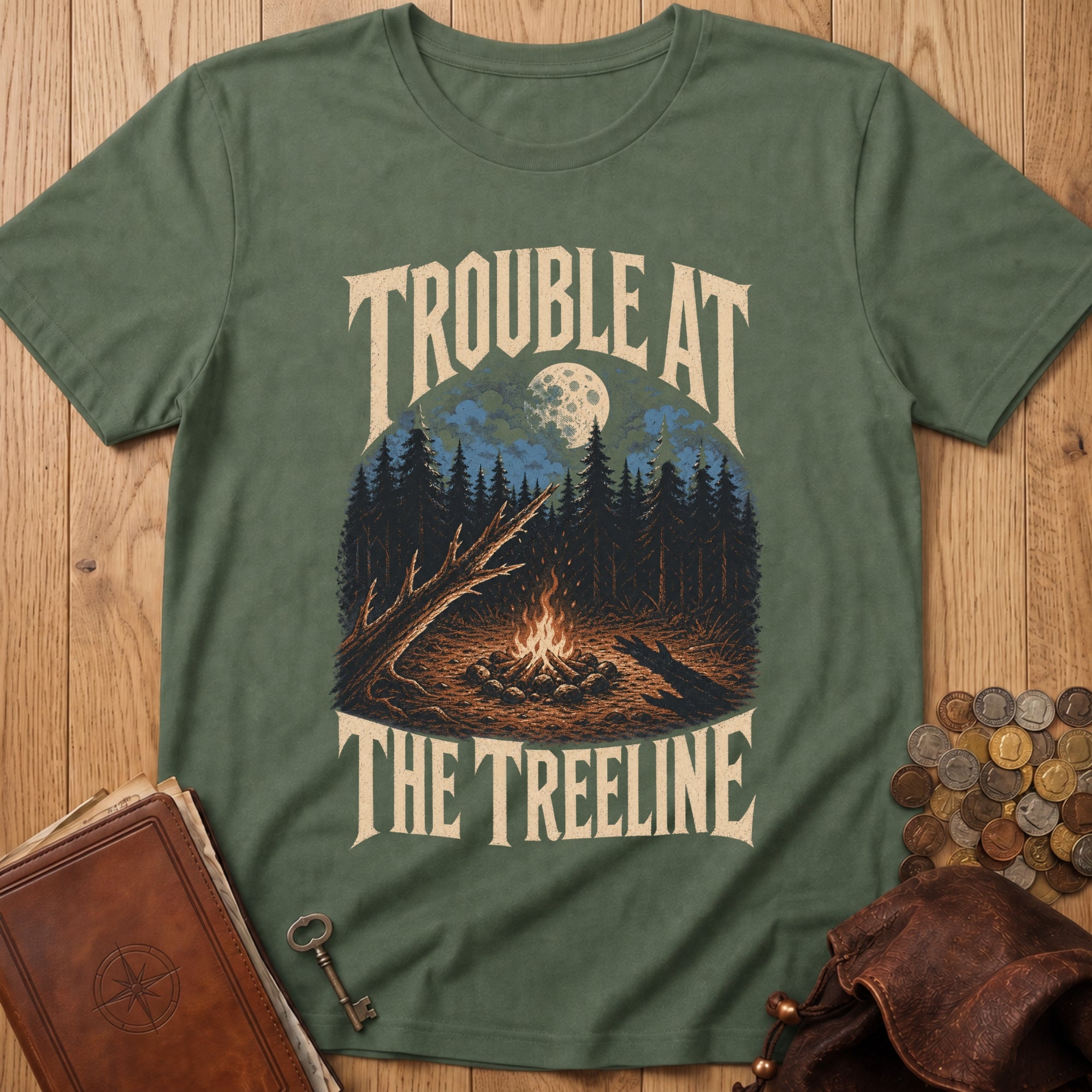 Trouble At The Treeline T‑Shirt in Military Green