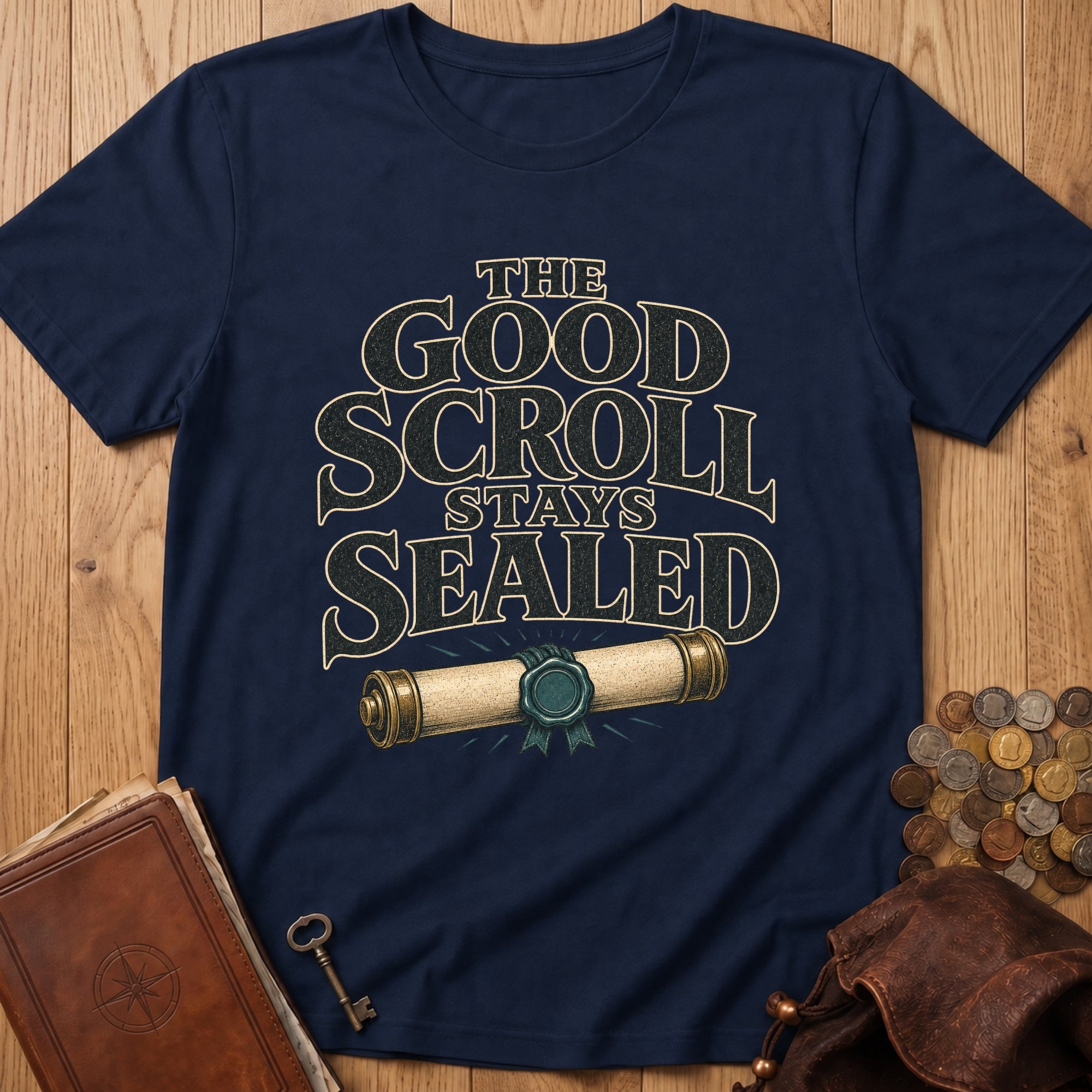 Good Scroll Stays Sealed T‑Shirt in Navy, Black