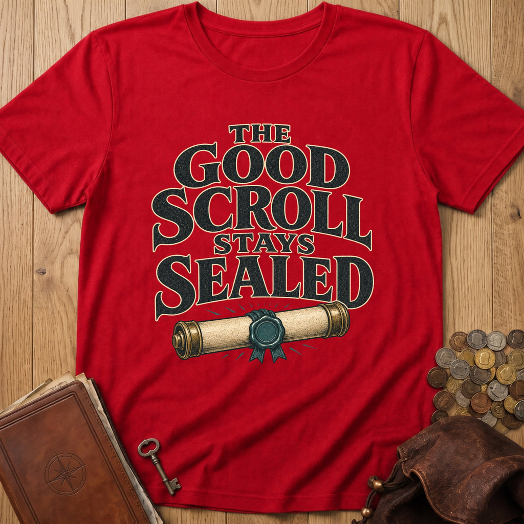 Good Scroll Stays Sealed T‑Shirt in Red