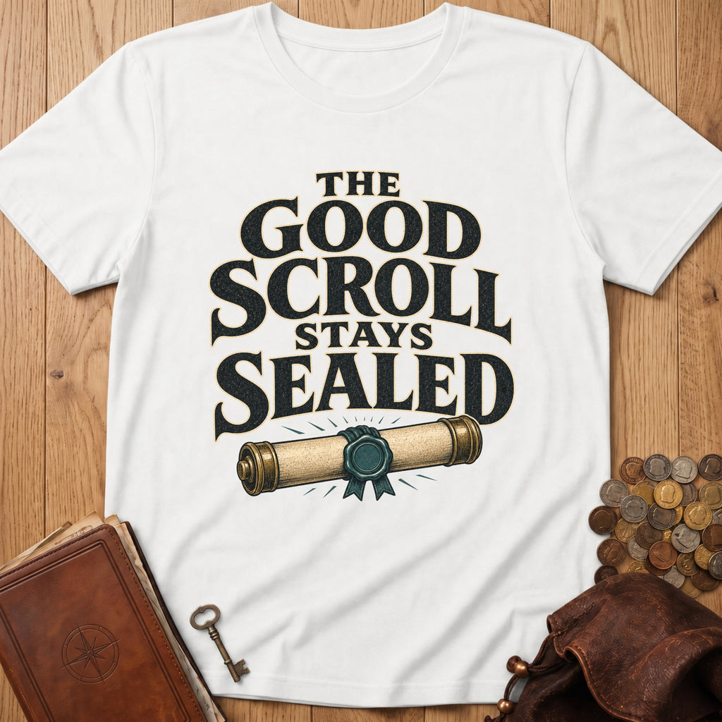 Good Scroll Stays Sealed T‑Shirt in White